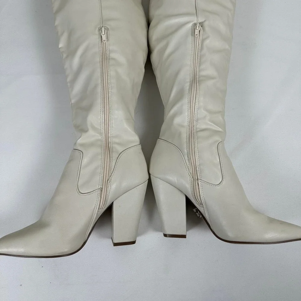 Cream leather knee high boots with block heel size 9